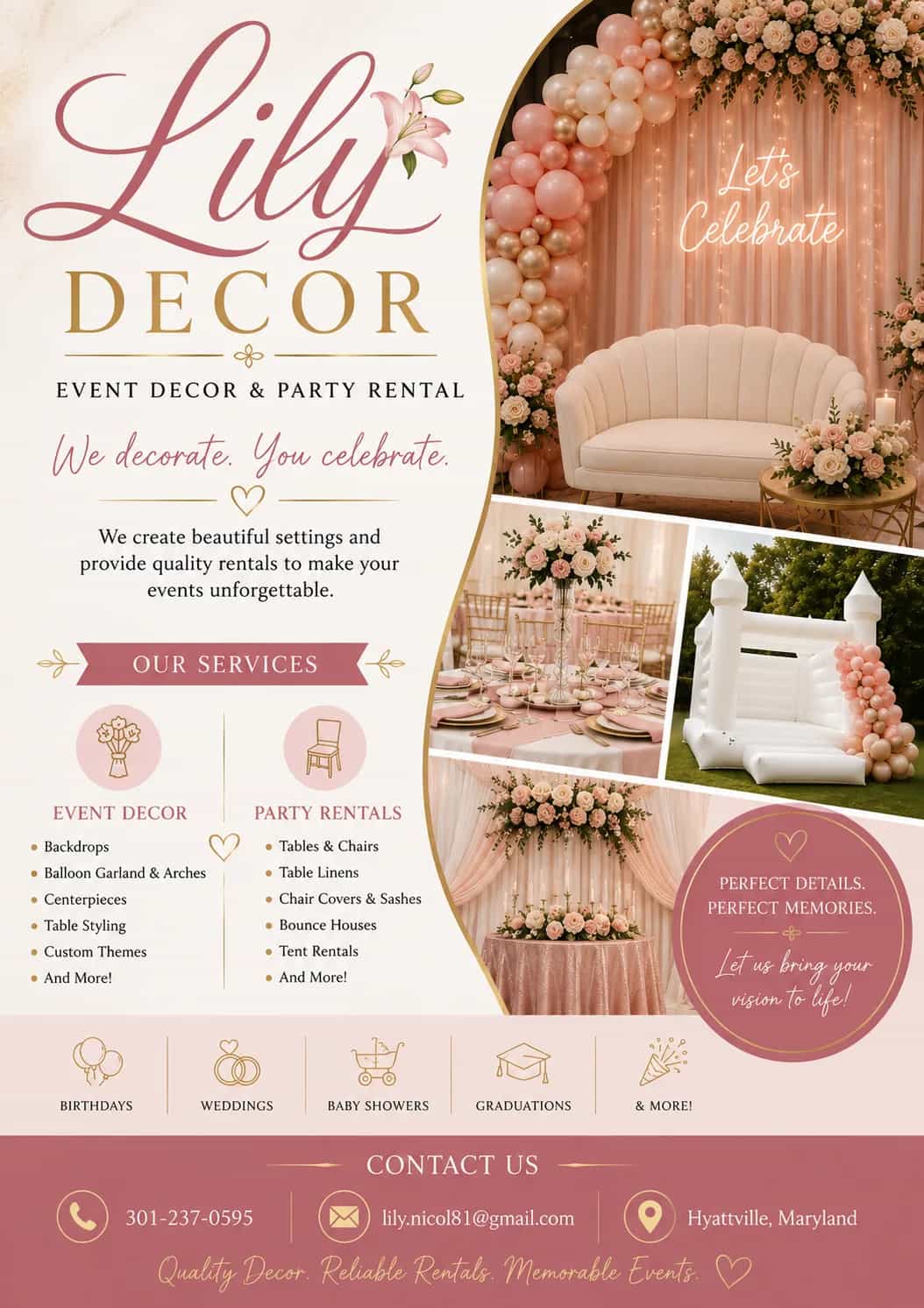 Specializes in elegant event decoration and party rentals 