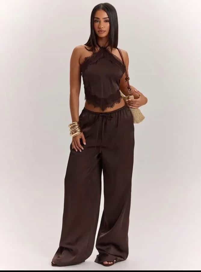 Ensemble 2 pièces satiné avec dentelle – Débardeur et pantalon large