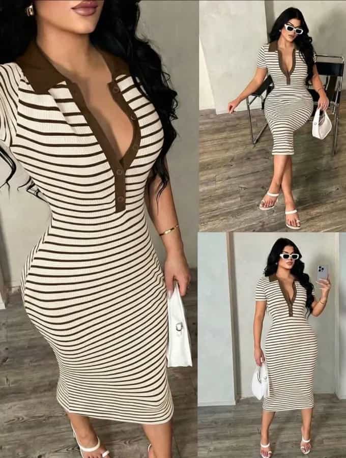 Robe midi moulante rayée avec col polo