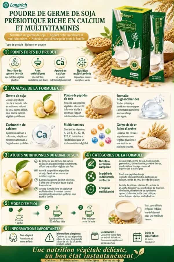 Poudre prébiotique de germe de soja Longrich – Calcium et multivitamines