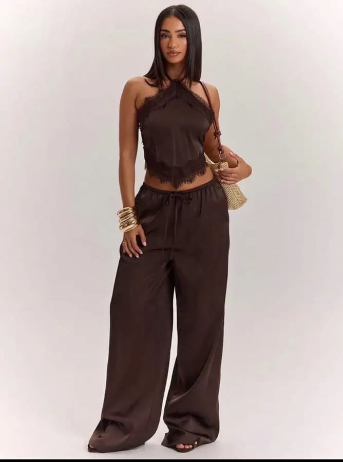Ensemble 2 pièces satiné avec dentelle – Débardeur et pantalon large