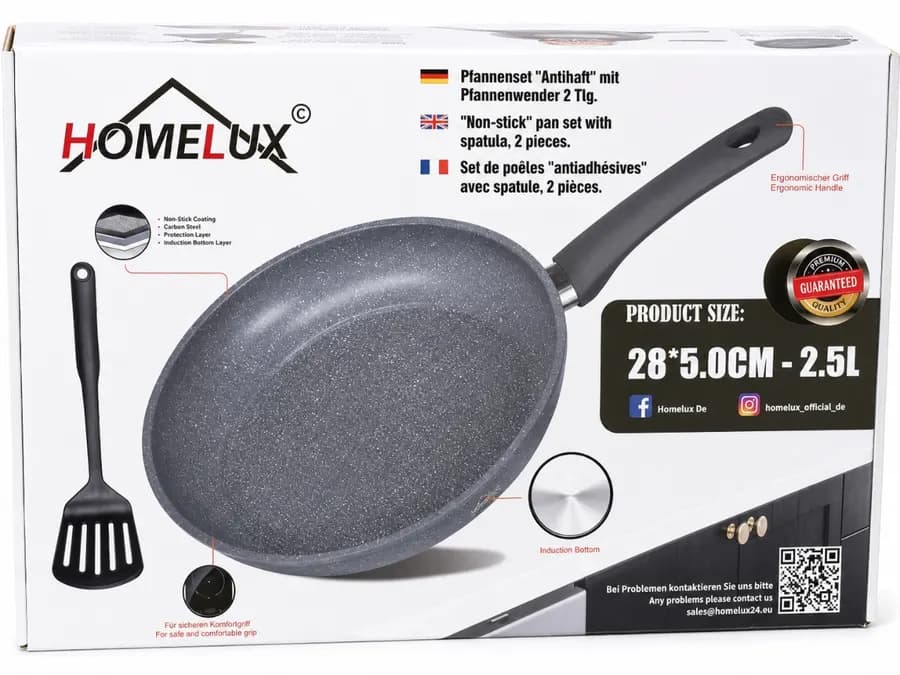 Poêle Antiadhésive HOMELUX 28 cm avec Spatule – Ensemble de 2 Pièces