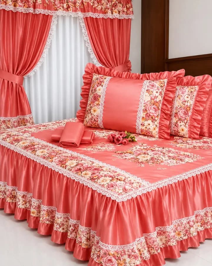 Parure de Lit en Satin de Luxe avec Rideaux Assortis 