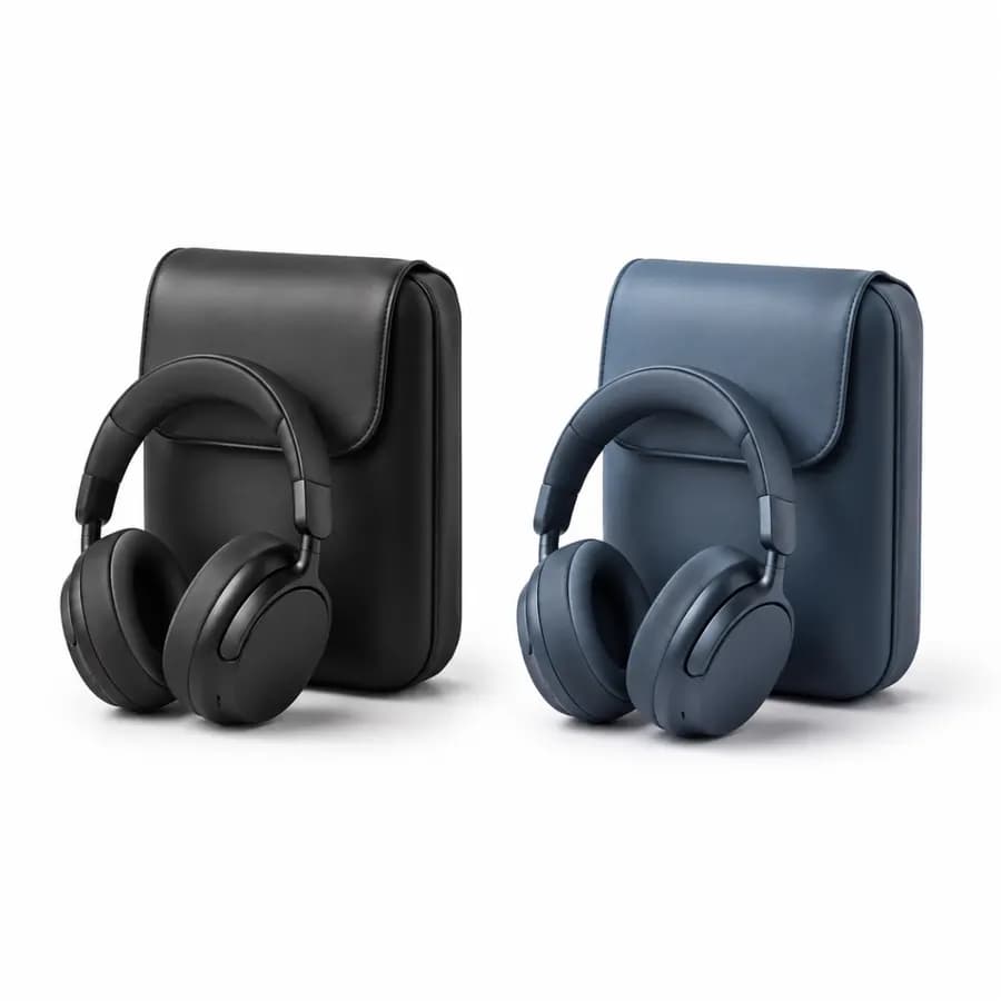 Casques sans fil avec étuis de protection.