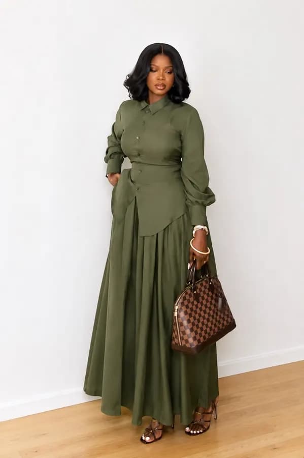 Robe Longue Plissée Vert Olive Élégante à Manches Longues